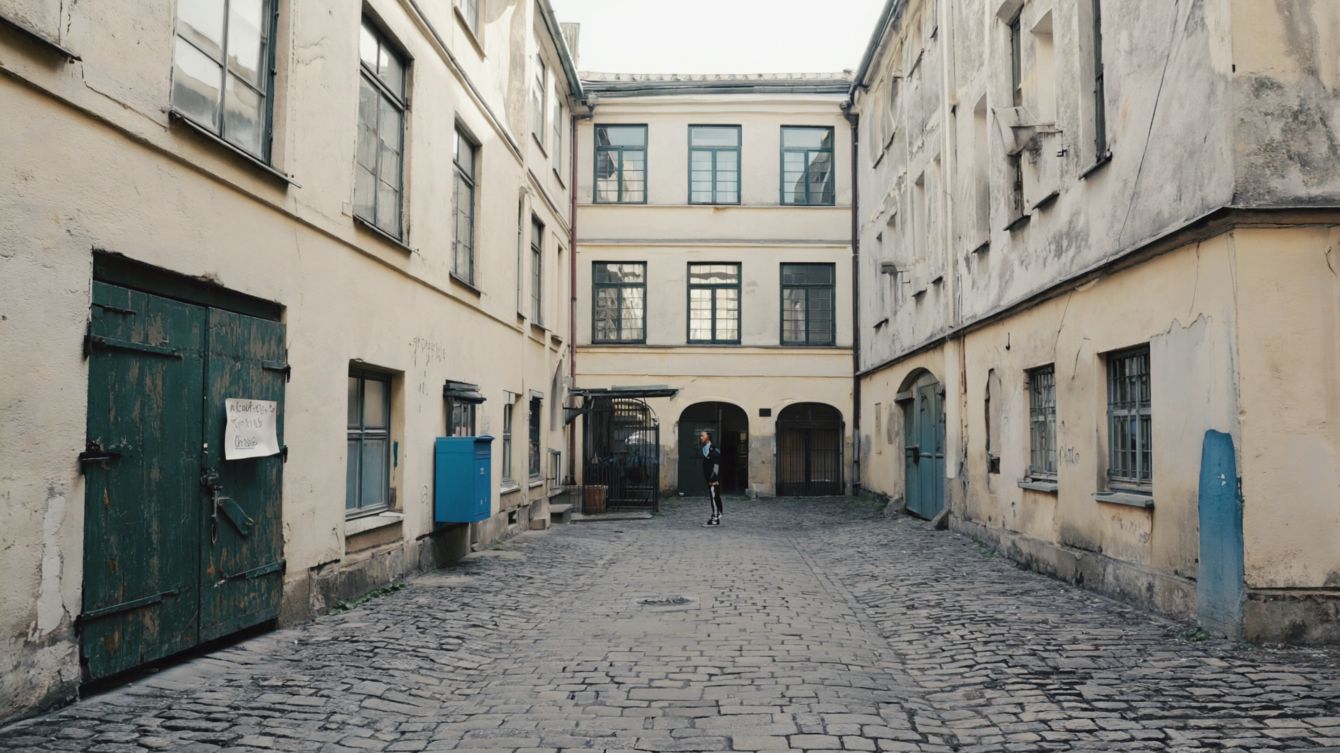 Berliner Hinterhof mit grünlich gestrichener Werkstatttür, Kopfsteinpflaster und einem kobaltblauen Briefkasten an der Wand.