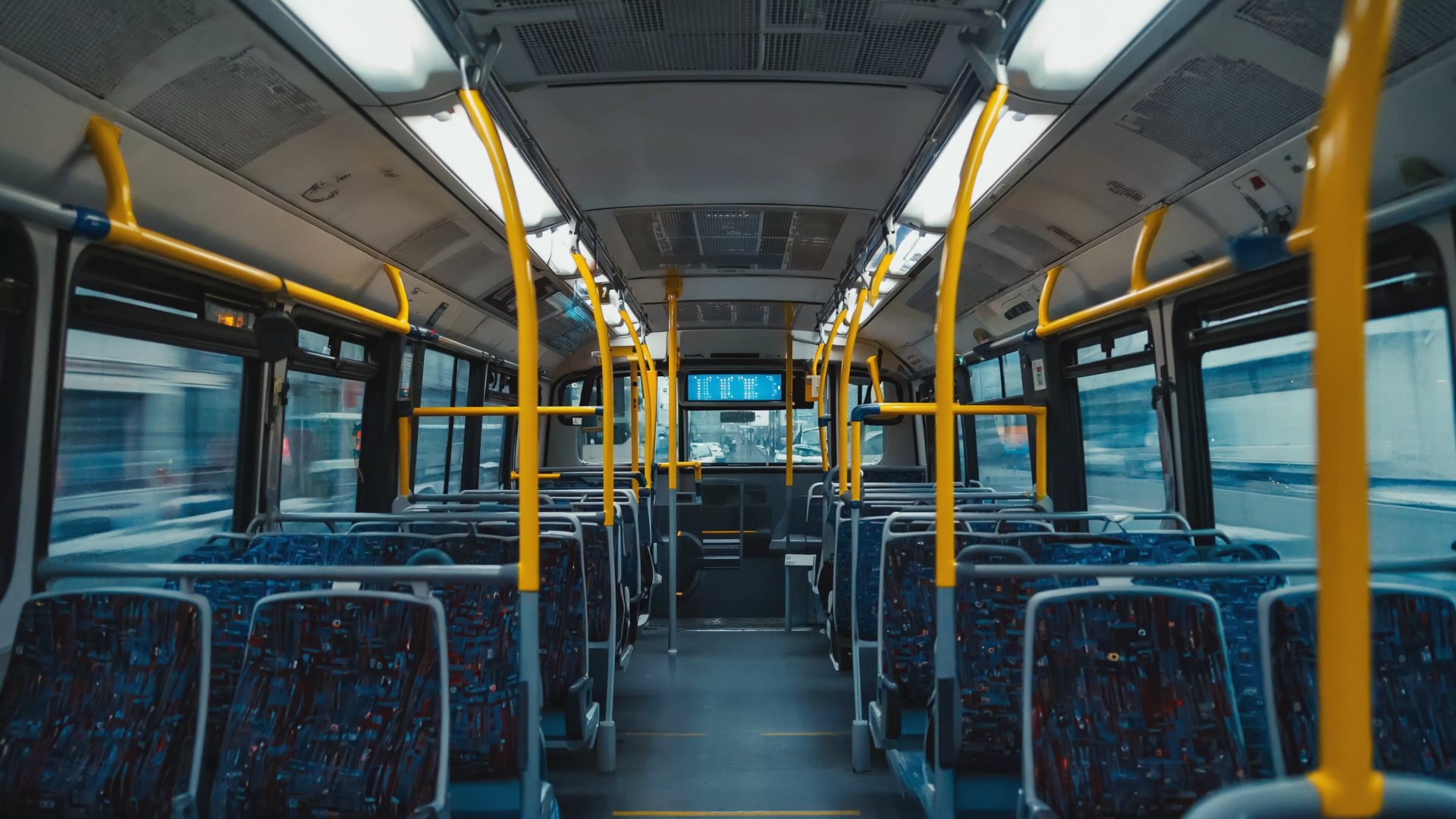 Innenraum eines leeren Berliner Nachtbusses mit gelben Haltestangen und einem einsamen kobaltblauen Reflektor an der Hintertür.